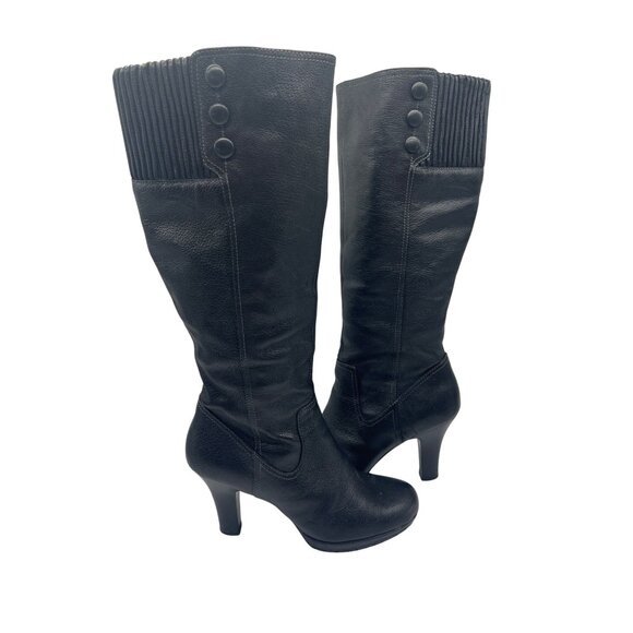 Sofft Flora Tall Black Knee-High Heeled Leather Boots With Button Accents Size 7 - Picture 1 of 13